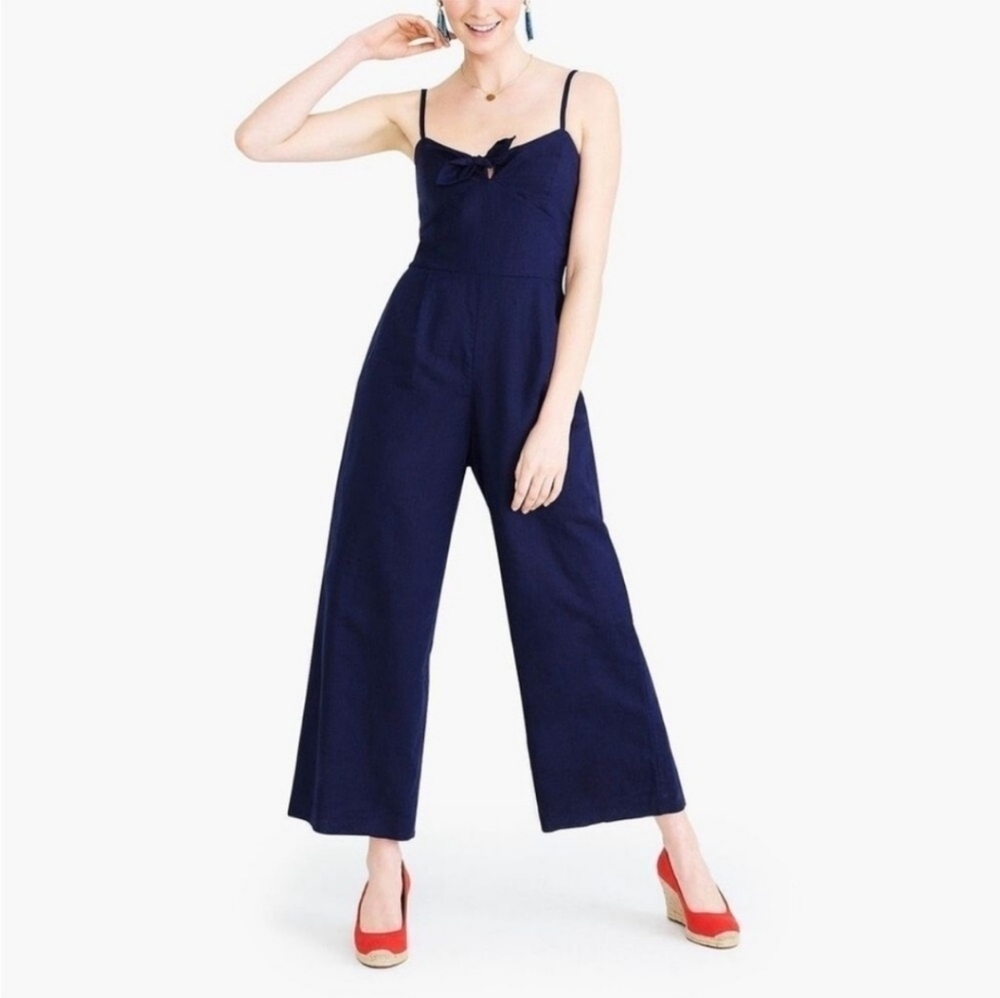 J. Crew Navy Blue Linen Tie Front Jumpsuit
